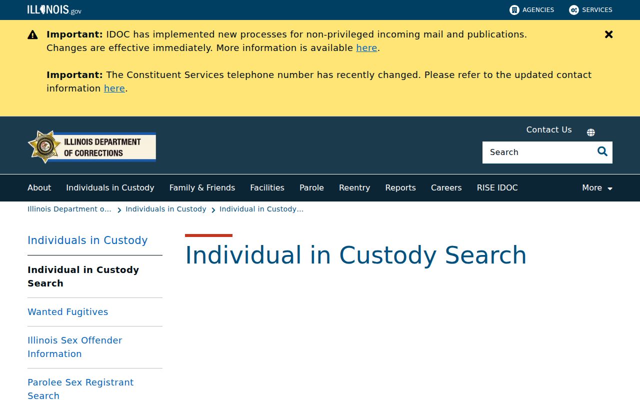 Illinois Department of Corrections Individuals in Custody search